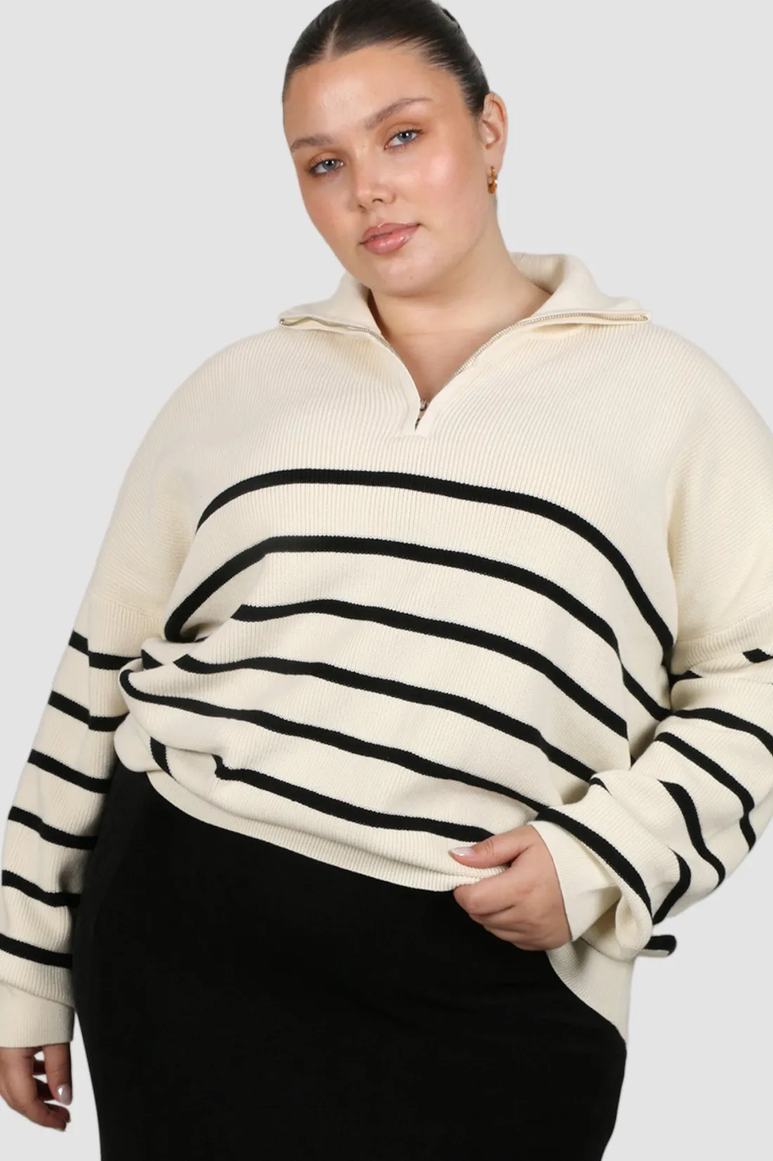 Fayt Tops | Sweaters & Knits | FLETCHER ZIP KNIT CREAM STRIPE