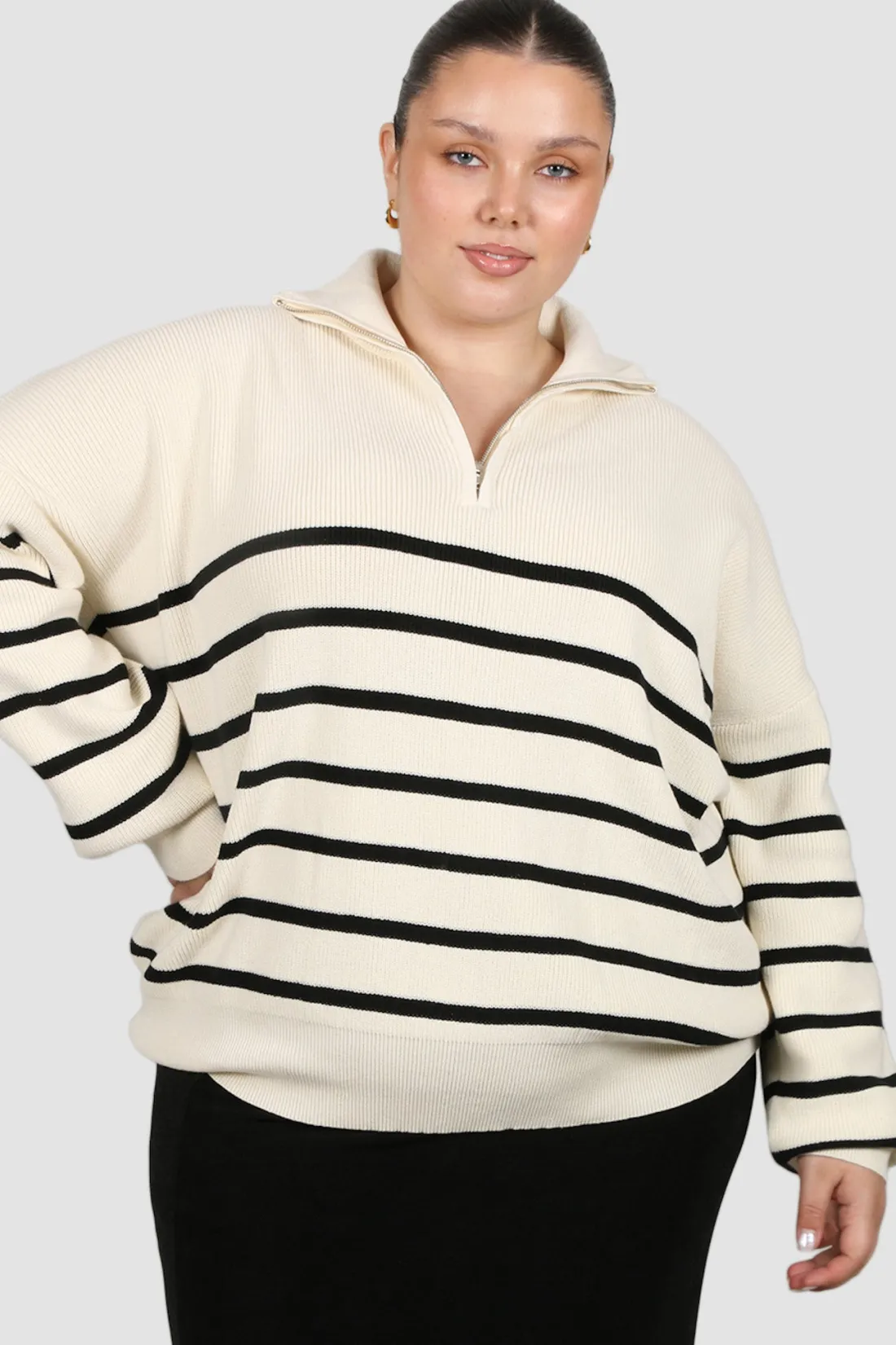 Fayt Tops | Sweaters & Knits | FLETCHER ZIP KNIT CREAM STRIPE